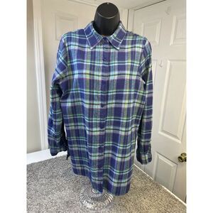 Blair Women Blue Green Yellow Red Plaid Flannel Button Front 100% Cotton size M.